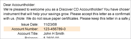 Example of welcome kit message with second line (Account Number) highlighted